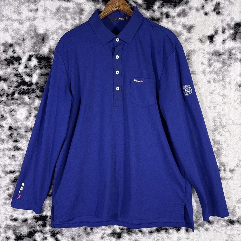RLX Ralph Lauren Shirt Mens Large Navy Blue CCC Golf Performance Preppy Old Mone